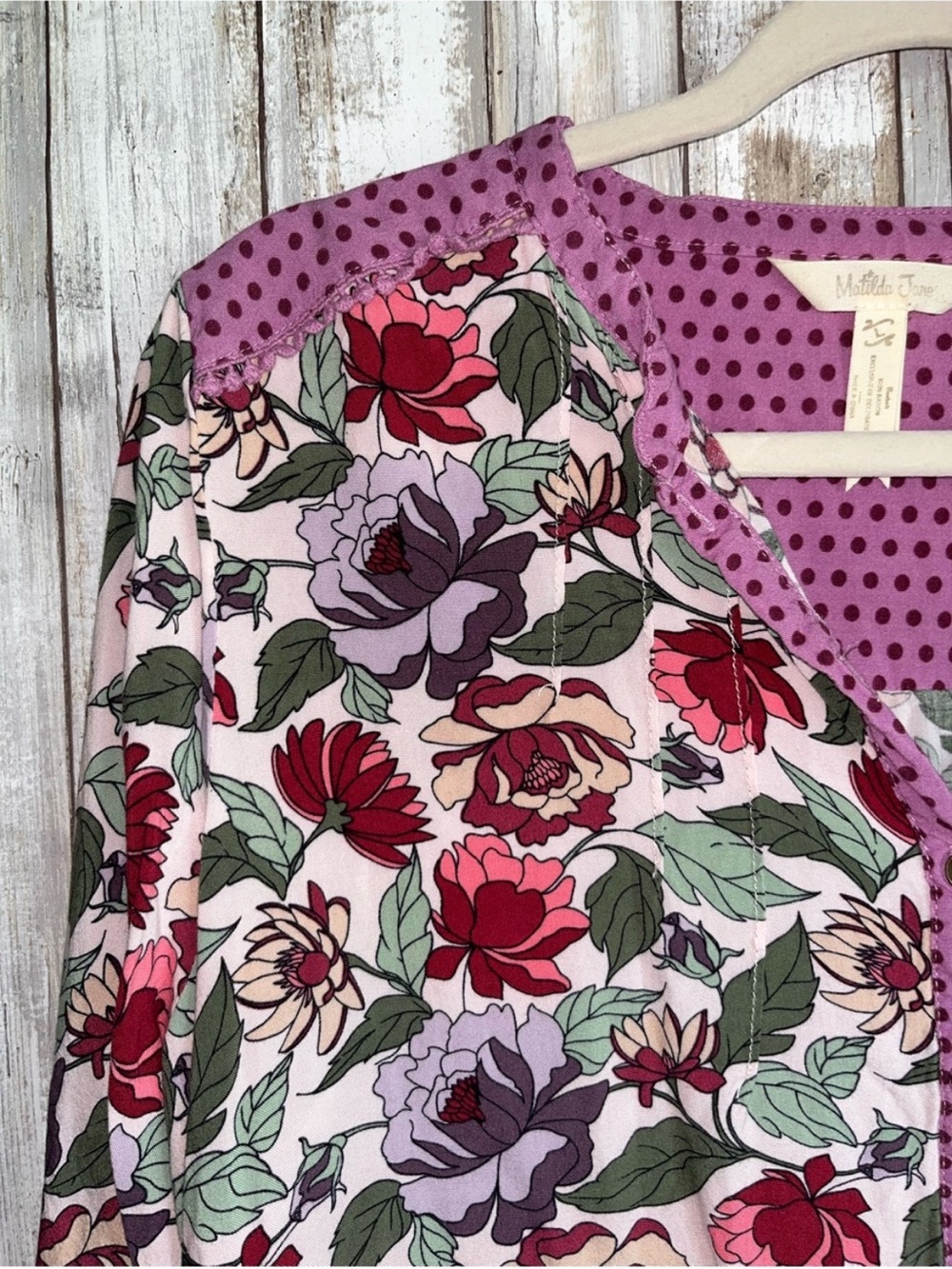 Matilda Jane Floral Rayon Tunic Blouse Purple Polka Dot Trim Large - Picture 3 of 6
